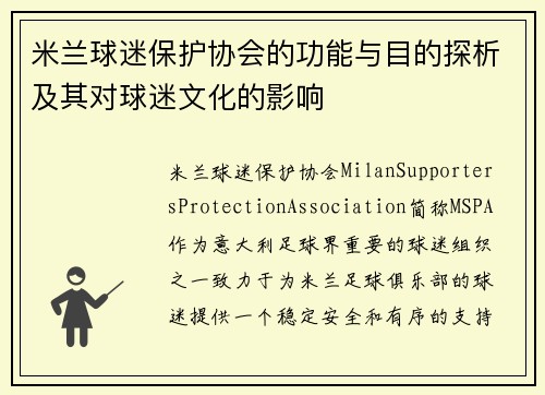 米兰球迷保护协会的功能与目的探析及其对球迷文化的影响